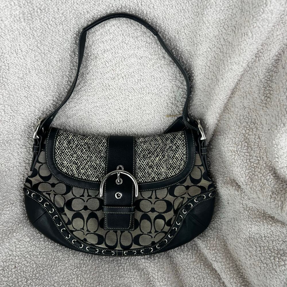 Vintage coach signature buckle shoulder bag black & grey jacquard canvas & leath